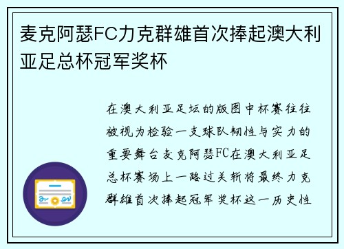 麦克阿瑟FC力克群雄首次捧起澳大利亚足总杯冠军奖杯 麦克阿瑟FC力克群雄首次捧起澳大利亚足总杯冠军奖杯